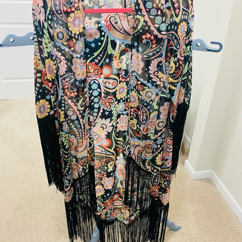 Black Paisley Fringe Kimono Cover-Up with Multicolor Print